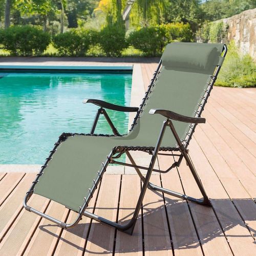Chaise Longue De Jardin Pliante En Acier Et Polyester, Vert Et Gris