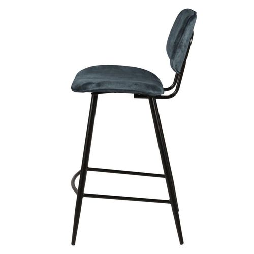 Chaise Plan De Travail Velours Gris Bleu Pieds Métal Noir H68 Cm