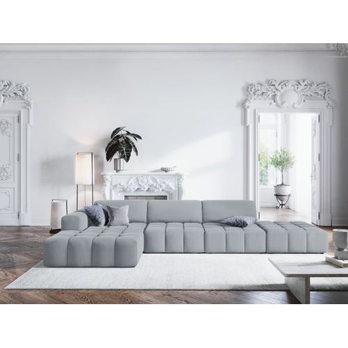 Canapé D'angle Gauche 5 Places En Tissu Velours Bleu Clair