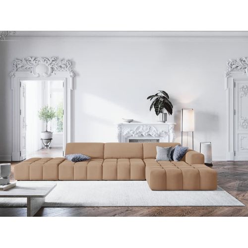 Canapé D'angle Droit 5 Places En Tissu Velours Beige Foncé