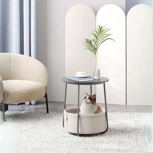 Bout De Canapé Rond Avec Panier De Rangement - H51 Cm - Gris Clair