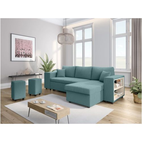 Canapé Convertible 2 Poufs Gauche Et Étagère En Velours Côtelé - Bleu