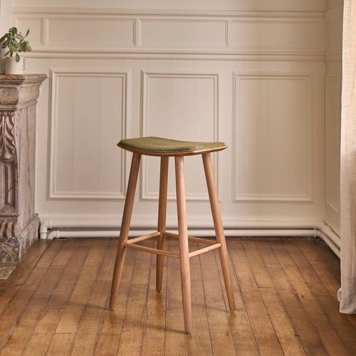 Tabouret En Teck Massif Assise Velours Cotelé 75 Cm