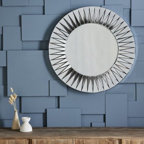 Miroir rond en verre avec cadre en relief argenté - D100 cm