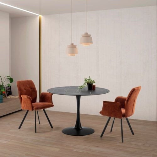 Table Ronde Avec Plateau En Verre L110 Cm - Effet Marbre Noir