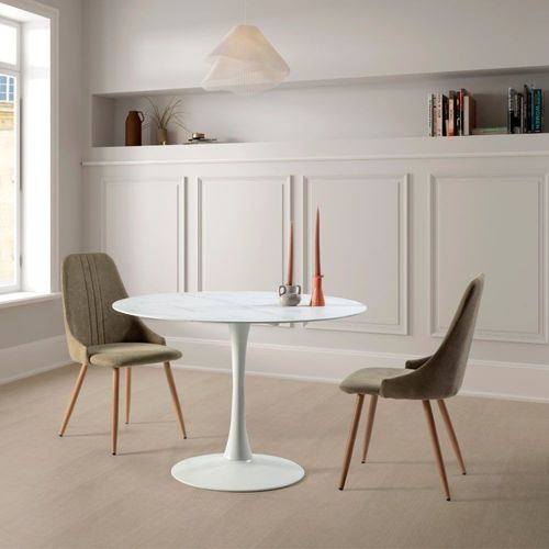 Table Ronde Avec Plateau En Verre L110 Cm - Effet Marbre