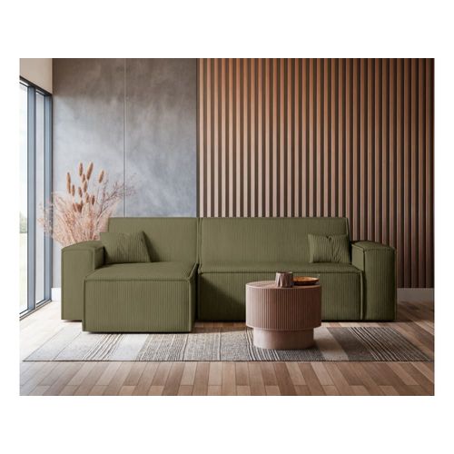 Canapé D'angle Convertible 3 Places En Velours Cotelé Vert Kaki