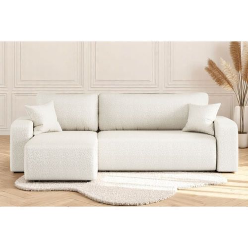Canapé D'angle Convertible 3 Places En Tissu Bouclette Blanc