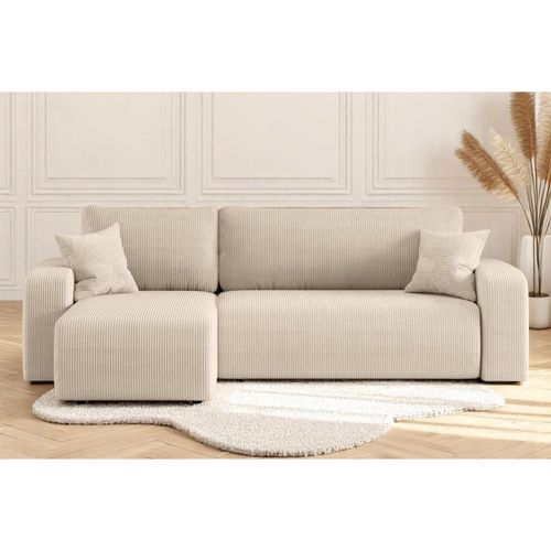 Canapé D'angle Convertible 3 Places En Velours Cotelé Beige