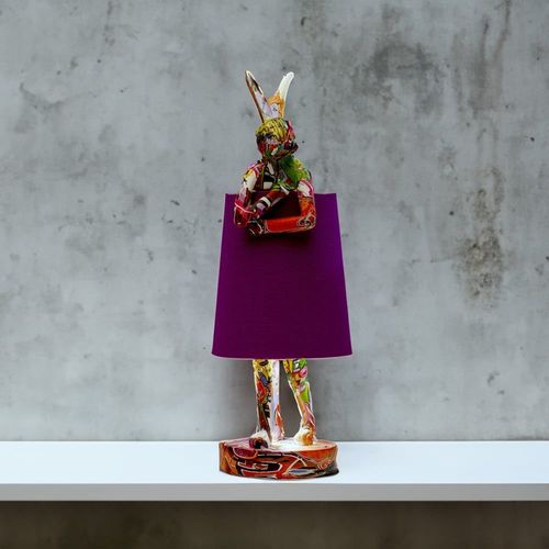 Lampe Lapin En Polyrésine Graffiti Et Lin Violet H50