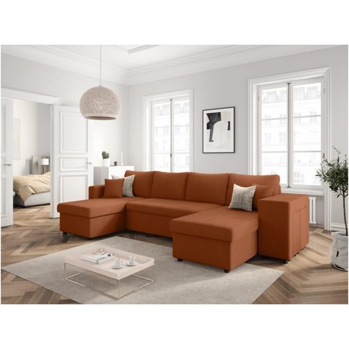 Canapé Panoramique Avec 2 Poufs Droit En Velours Côtelé - Terracotta