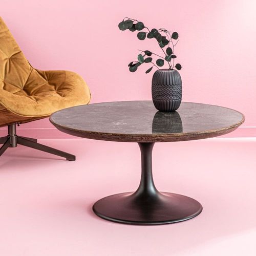 Table Basse Plateau En Pierre Bleue Cerclé De Chêne Massif - L90 Cm
