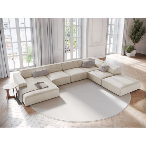 Canapé D'angle Droit Panoramique 7 Places En Velours Beige Foncé