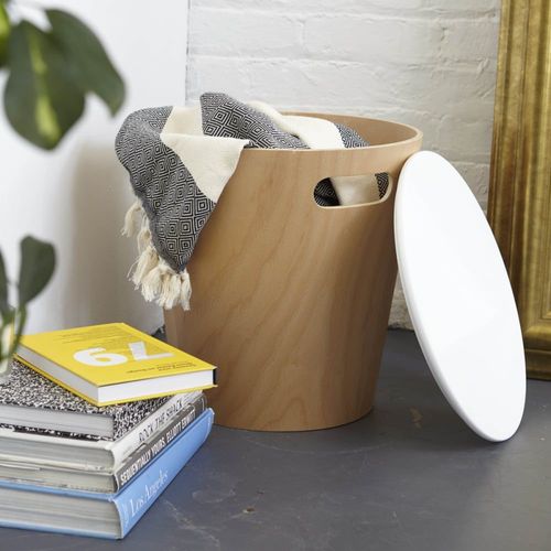 Tabouret De Rangement Rond En Bois Naturel Et Blanc H42cm