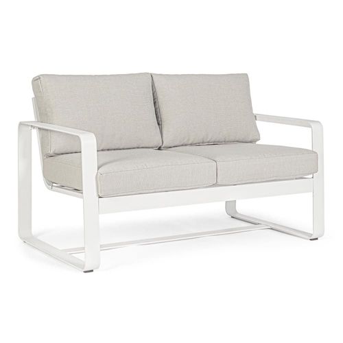 Canapé De Jardin 2 Places En Métal Et Coussins Tissu Blanc