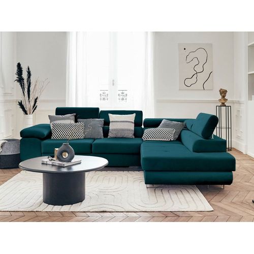 Canapé D'angle Droit Convertible 5 Places En Velours Bleu Canard