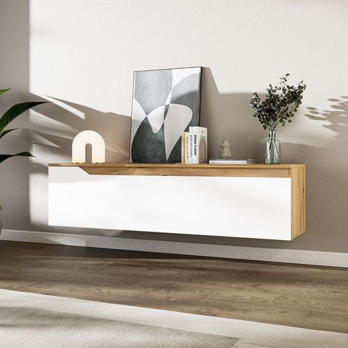 Meuble Tv 1 Porte Décor Chêne Doré Et Blanc L140 Cm