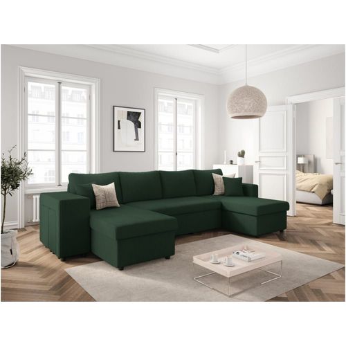 Canapé Panoramique Avec 2 Poufs Gauche En Velours Côtelé - Vert Foncé