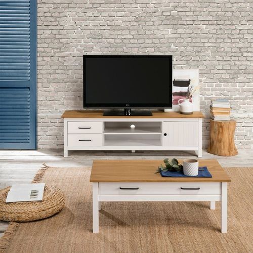 Table Basse Rectangulaire 1 Tiroir Bois Ciré Et Blanc