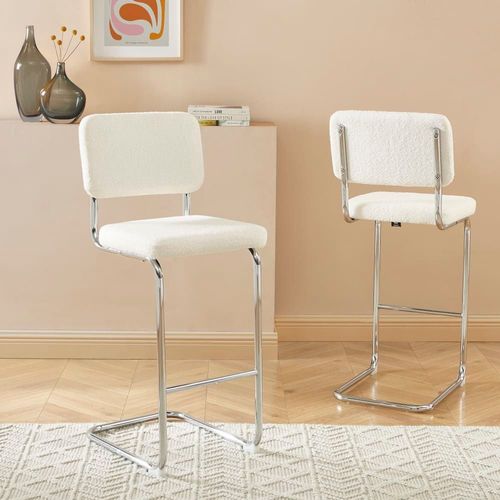 Tabouret De Bar En Velours Côtelé Blanc Piètement Chromé