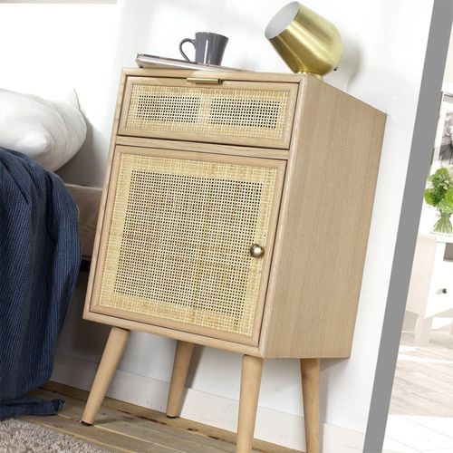 Table De Chevet Avec Cannage, Plaquée Frêne H71cm - Beige