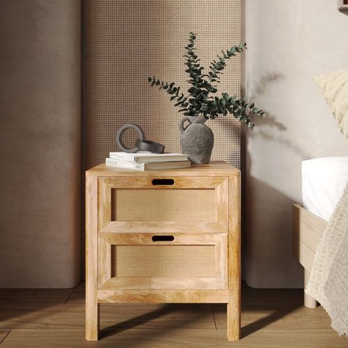 Table De Chevet 2 Tiroirs En Bois De Manguier Et Cannage