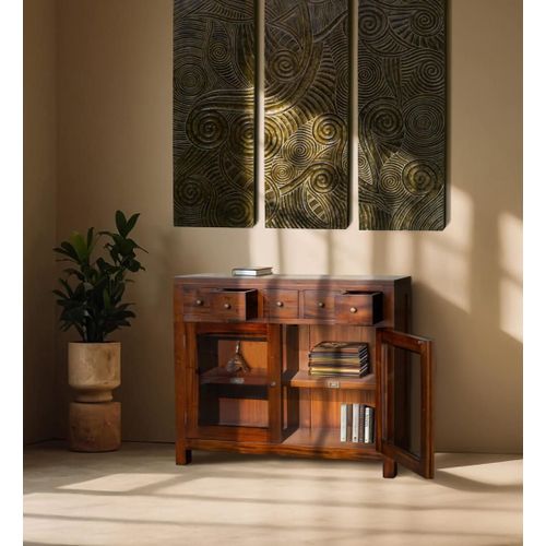 Console 2 Portes En Verre Et 5 Tiroirs En Bois Marron L 100 Cm