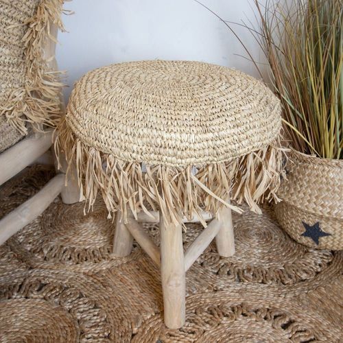 Tabouret En Teck Et En Jute