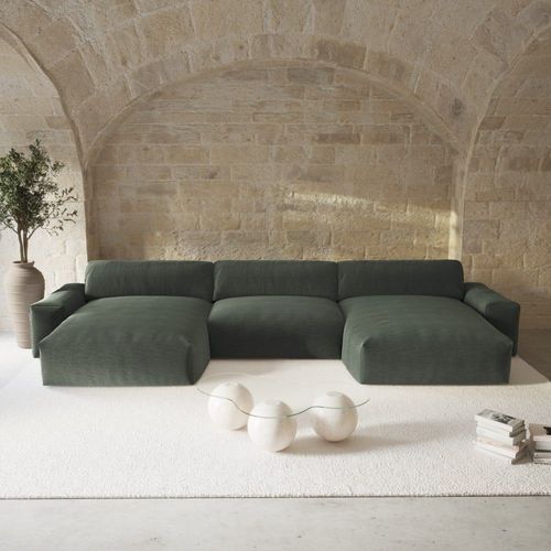 Canapé Panoramique 5 Places Tissu Tramé Toucher Doux Vert Kaki 420cm