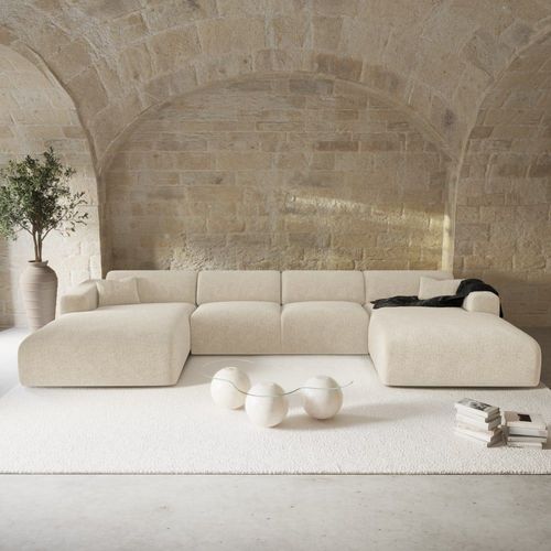 Canapé Panoramique Symétrique Tissu Velours À Motifs Crème