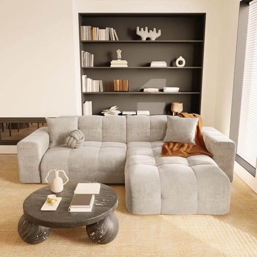 Canapé Angle Droit 5 Places Velours Crème 230cm