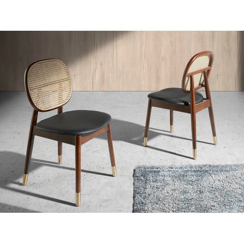 Chaise En Rotin, Simili Cuir Et Pieds Effet Bois Noyer