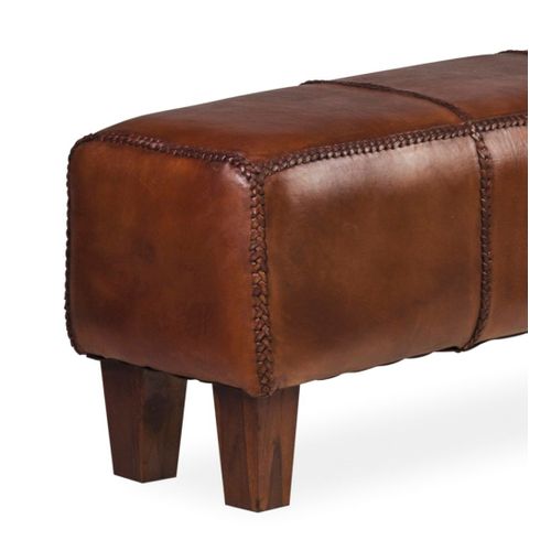 Tabouret Rectangulaire En Bois De Teck Et Cuir Marron L 110 Cm