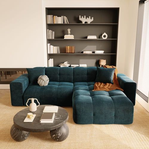 Canapé Angle Droit 5 Places Velours Bleu Paon 230cm