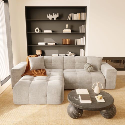Canapé Angle Gauche 5 Places Velours Crème 230cm