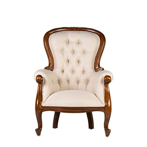 Fauteuil En Bois D'acajou Marron Et Polyester Blanc