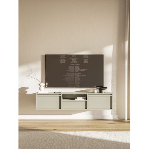 Meuble Tv Suspendu 2 Portes Avec Tiroir Grège 154x39 Cm