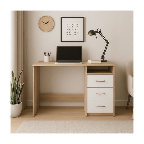 Bureau 1 Niche 3 Tiroirs L123 Cm - Effet Chêne Et Blanc