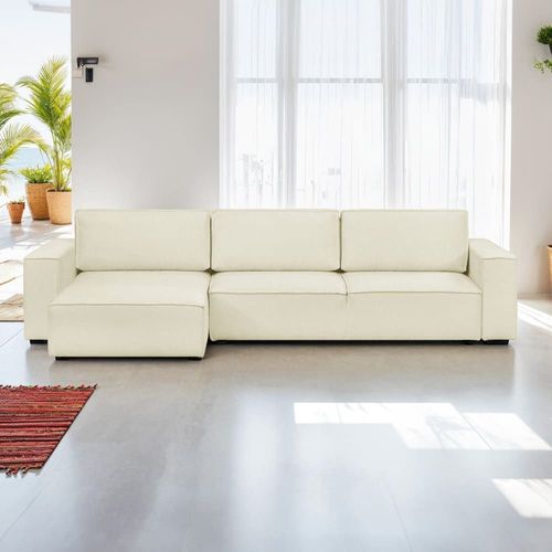 Canapé D'angle Modulable 5 Places En Tissu Bouclé Écru