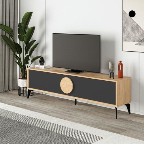 Meuble Tv 4 Portes - L180 Cm - Effet Chêne Et Blanc