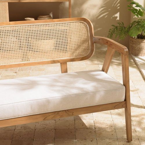 Canapé 2 Places En Teck Dossier Cannage Naturel Coussin Gris