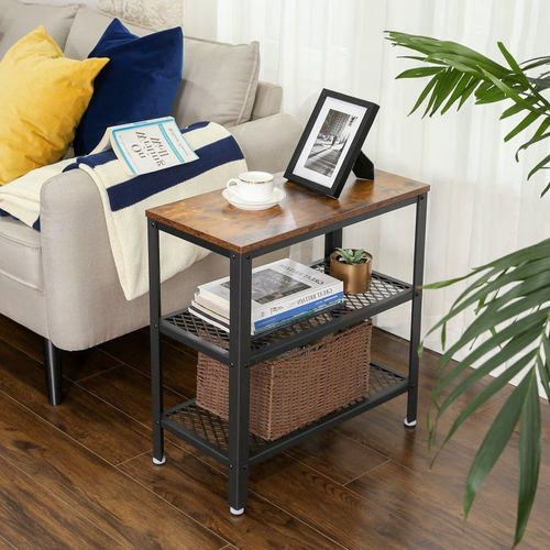 Table D'appoint 2 Étagères Acier Effet Bois Marron Rustique