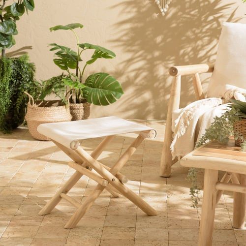 Tabouret Pliant En Branches De Teck Pieds Croisés Assise Tissu