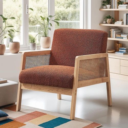 Fauteuil En Cannage Et Tissu Bouclé Rouille