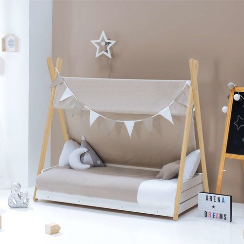 Lit Montessori En Bois 70x140 Cm Avec Matelas Et Textile Beige