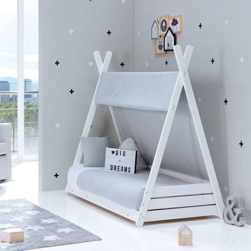 Lit D'enfant Montessori 70x140 Cm Avec Matelas Et Textile Gris