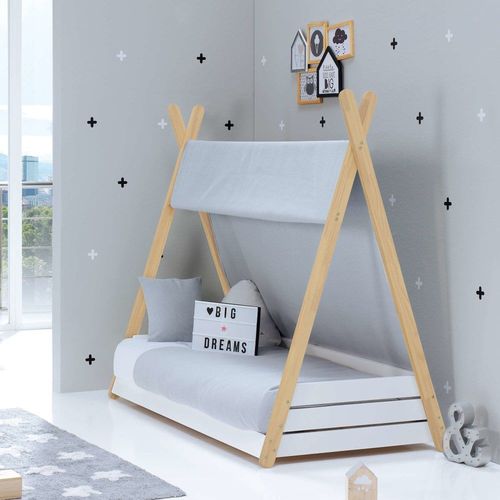 Lit Montessori En Bois 70x140 Cm Avec Matelas Et Textile Gris