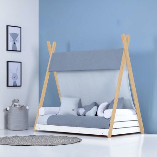 Lit Montessori En Bois 70x140 Cm Avec Textile Bleu