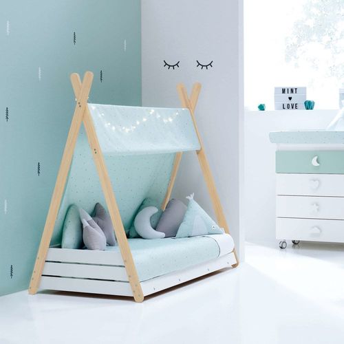 Lit Montessori En Bois 70x140 Cm Avec Matelas Et Textile Vert-Menthe