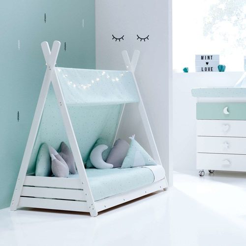 Lit D'enfant Montessori 70x140 Cm Avec Matelas Et Textile Vert-Menthe